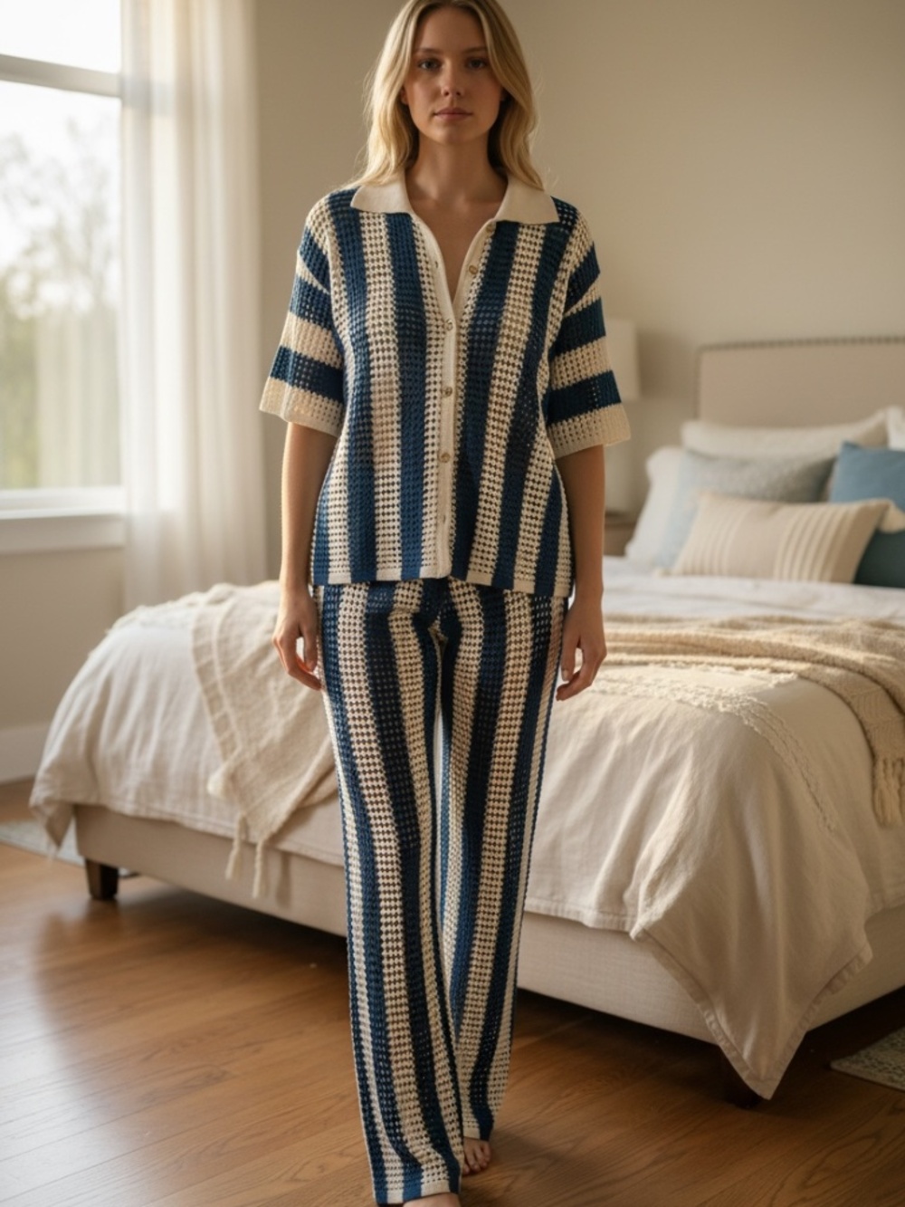 VICI 2 Piece Blue and White Crocheted Set